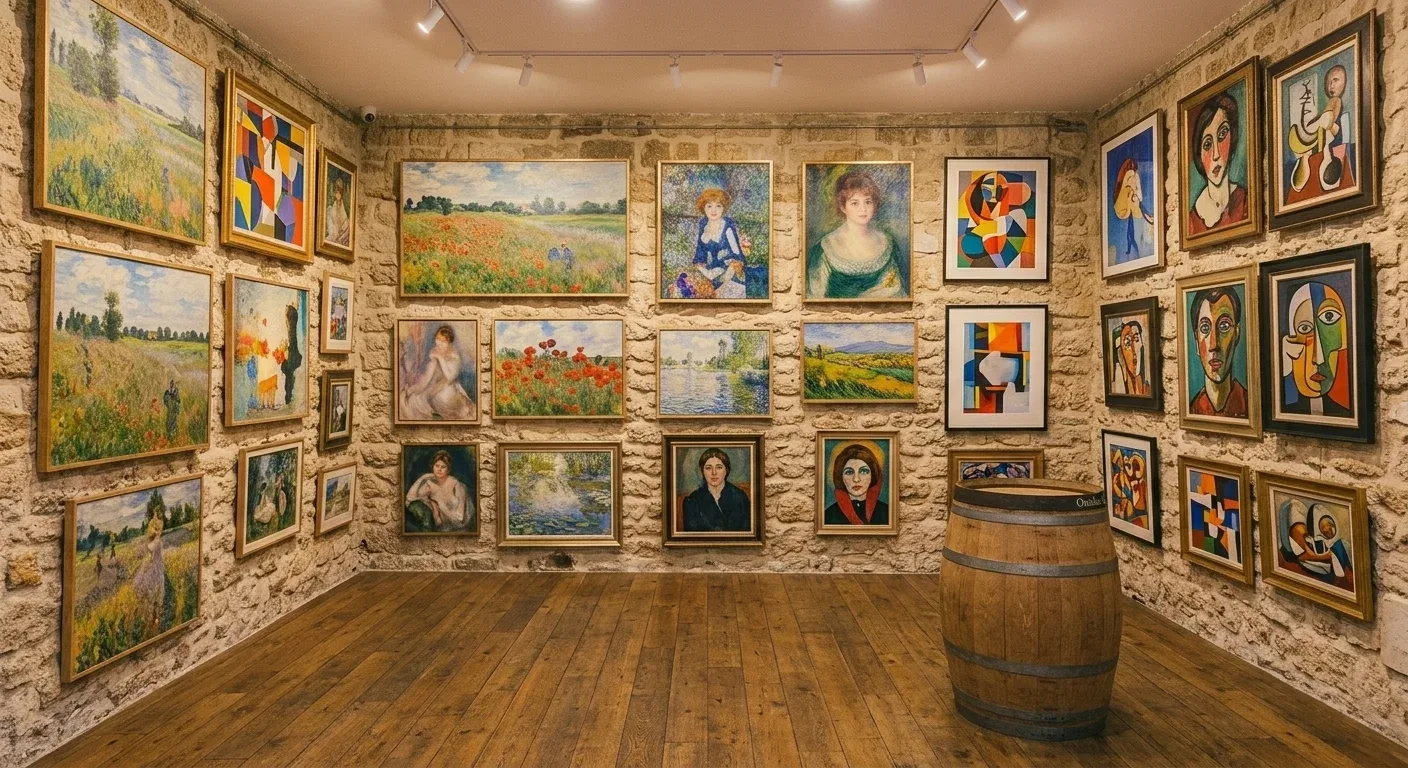 Stone walls of the Art Store covered with framed paintings