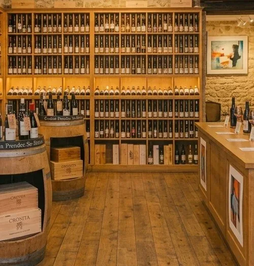 Wooden wine shelves and barrels in the Wine Store