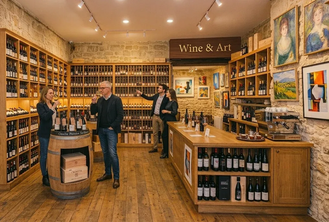 The Wine & Art space with wine shelves, a barrel and a wooden counter